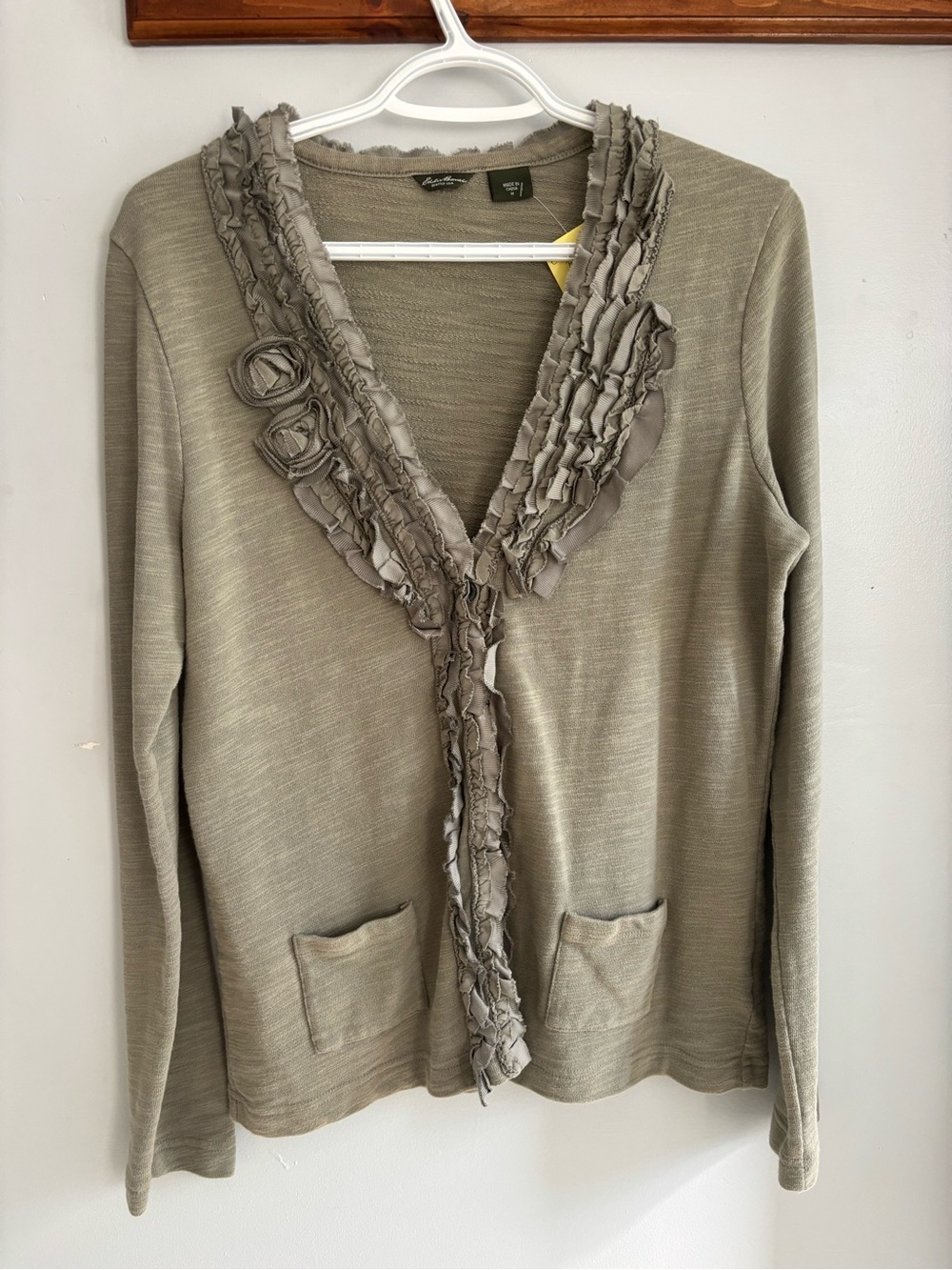 Eddie Bauer washed Olive Ruffle-Trim Cardigan vintage, cotton